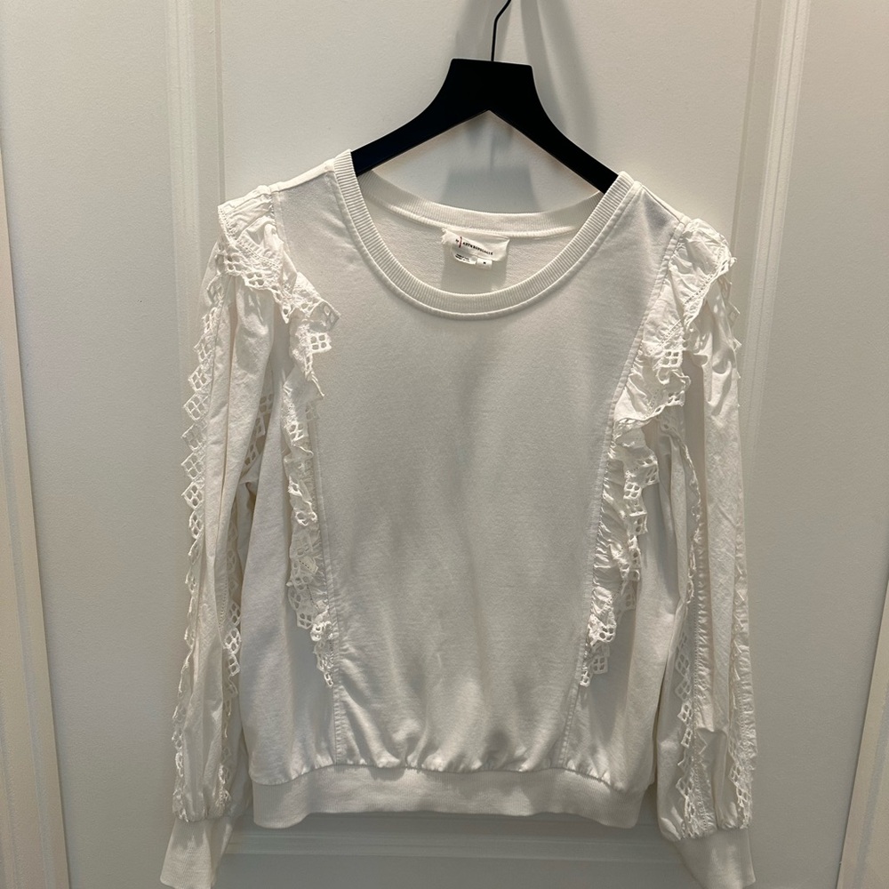 Anthropologie White Lace-Trimmed Sweatshirt